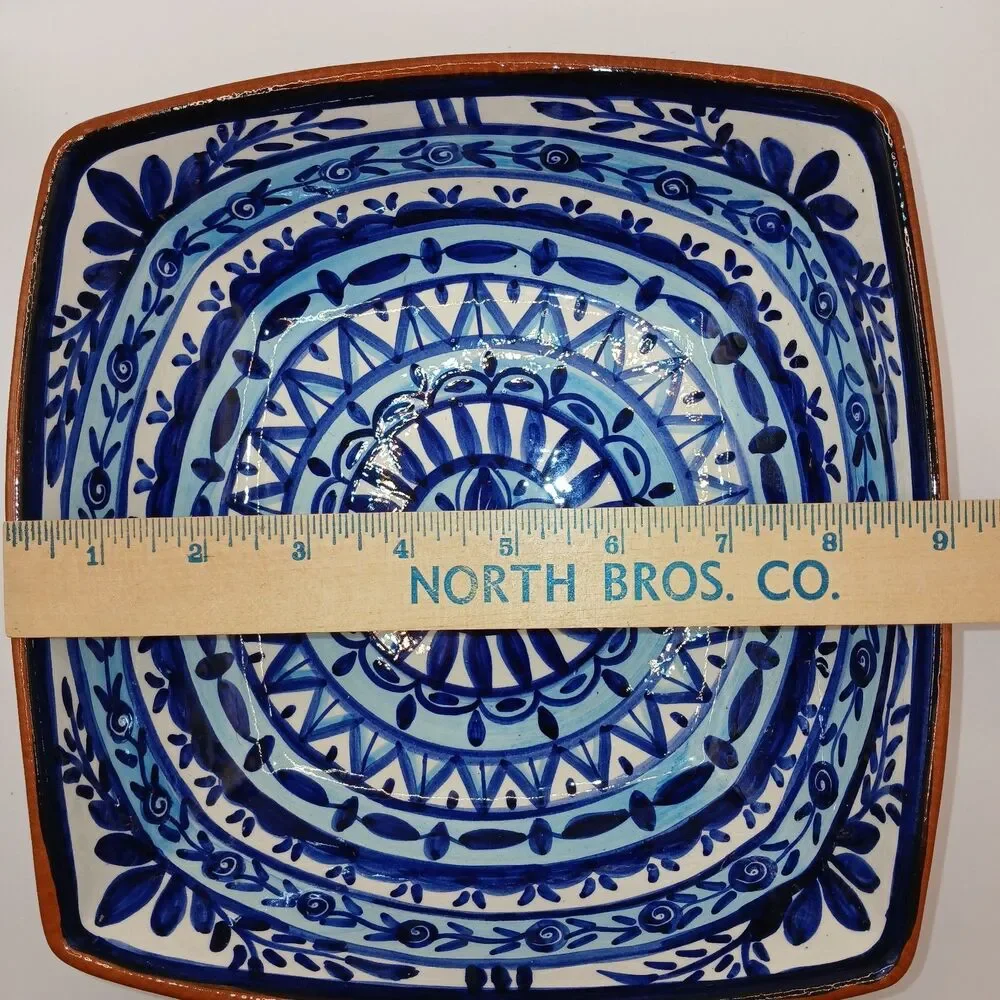 Olaria S.P Corval Bowl Hand Painted Blue & White Terracotta Mandela Pattern 9x9
